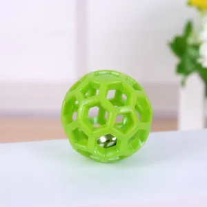 Green hollow cat toy ball with bell, bite-resistant interactive pet toy for indoor cats playing.