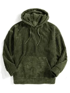 Men's corduroy hooded sweatshirt with kangaroo pocket, thick long sleeve solid color hoodie casual top.