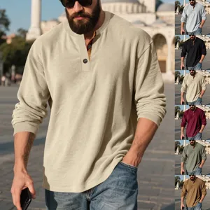 Camisa Henley de Manga Larga de Waffle para Hombre Otoño Top Retro Suelto Multi Colores
