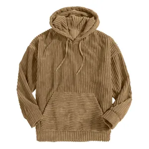 Men's thick corduroy hoodie long sleeve solid color kangaroo pocket dropped shoulder