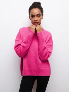 Femme pull rose col roulé ample manches longues en tricot mode hiver automne chaud