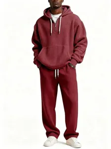 Men's waffle knit hoodie and pants set detailed view showing texture and comfortable fit.