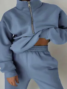 Stylish casual half-zip fleece sweatshirt and sweatpants two-piece set for women daily wear.
