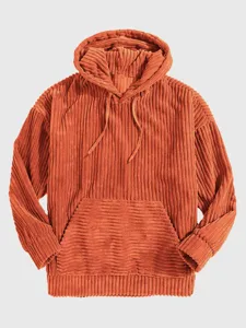 Men's thick corduroy hoodie with kangaroo pocket and long sleeves for winter casual wear.