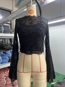 Sheer mesh flocked floral long sleeve top with camisole two piece set, elegant style.