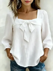 Camicia da donna bianca con collo quadrato a maniche lunghe e fiocco elegante top chic