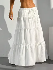 White tiered maxi skirt for women, casual drawstring high waist long skirt for summer.