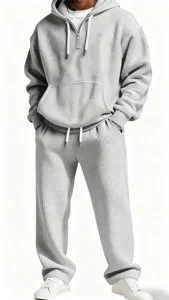Grey waffle knit hoodie and sweatpants tracksuit for men casual sportswear loungewear