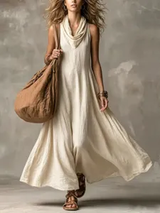 Summer sleeveless V-neck maxi dress, loose flowy long skirt design for vacation style.