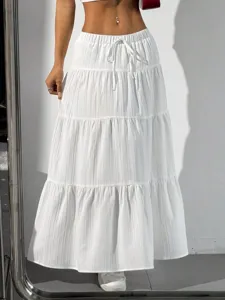 Women white tiered maxi skirt casual boho long skirt elastic drawstring waist summer beach
