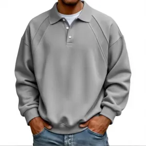Maglia Polo in Maglia Casual da Uomo Manica Lunga Revers Bottone Vestibilità Larga Tinta Unita Pullover Top Moda Autunno