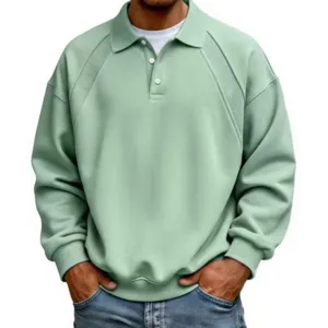 Uomo casual maglia polo felpa manica lunga vestibilità larga bottone colletto verde menta