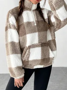 Cozy brown white checkered half-zip plush sweatshirt for women, soft fleece winter top detail.