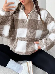 Women's brown white checkered half zip fleece pullover sweatshirt autumn winter casual top
