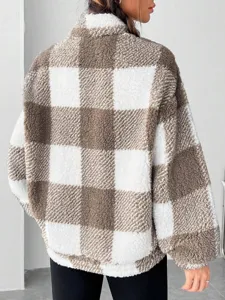 Detailed view of women casual brown and white checkered fuzzy sherpa pullover jacket back.