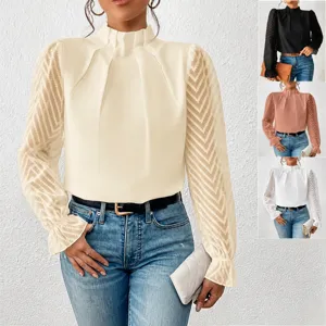 Dames Casual Semi-Hoge Kraag Chiffon Blouse Lange Mouw Gesplitst Golvend Patroon Losse Pasvorm Elegante Herfst Top