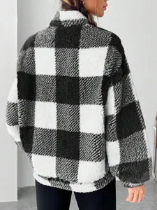 Women's black and white buffalo plaid half-zip fleece sweatshirt, casual cozy winter outerwear.