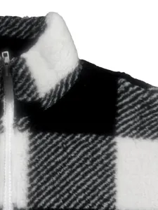 Black and white plaid fleece half-zip sweatshirt collar detail winter fashion warm top.