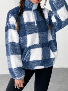 Blue and white checkered fluffy half-zip sweatshirt for women, cozy winter fleece pullover.