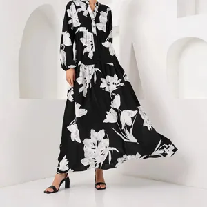 Black floral long sleeve maxi dress elegant V-neck button down casual party gown new