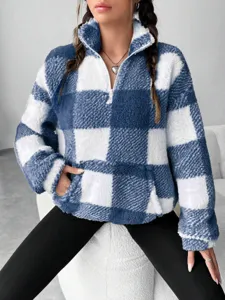 Blue and white checkered sherpa pullover for women, stylish half-zip plush winter sweatshirt.