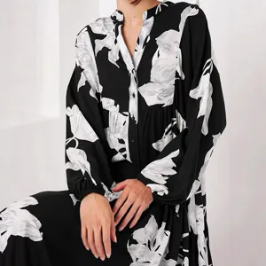 Black long sleeve maxi dress elegant floral print V-neck button casual gown for women