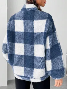 Back view of blue and white plaid sherpa fleece pullover jacket showing cozy texture.