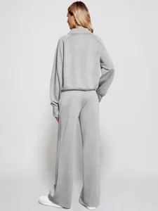 Detailed view of the women casual half-zip sweatshirt and wide-leg sweatpants set in grey.