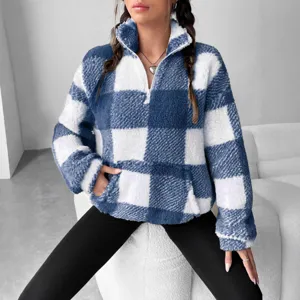 Blue white checkered half-zip sherpa sweatshirt women autumn winter casual fluffy pullover