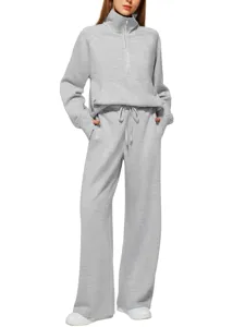 Womens Half Zip Sweatshirt And Wide Leg Sweatpants Tracksuit Two Piece Casual Set