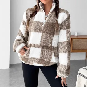 Women cozy fuzzy quarter-zip plaid sweatshirt short plush pullover autumn winter top