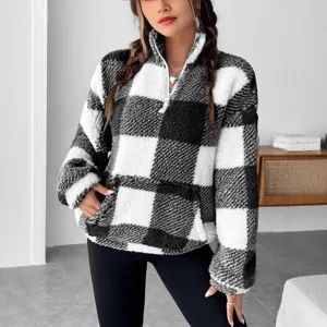 Womens black white plaid fleece sweatshirt quarter zip pullover winter top outerwear
