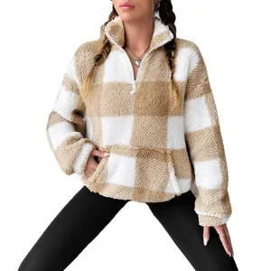 Autumn winter fashion short plaid half zip fleece women sweatshirt, casual cozy warm top.