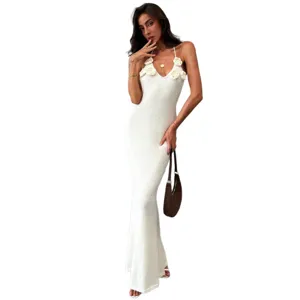 White knit halter maxi dress with chic crochet floral neckline and stylish slim fit design.