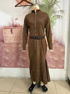 Brown suede long sleeve midi dress with front zipper and belt for women autumn fashion.