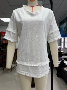 White V-neck short sleeve casual loose women top with stylish raw frayed edge details.