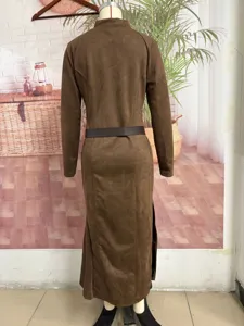 Brown suede maxi dress with long sleeves, high collar and belt detail, elegant back view.