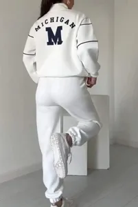 Women white fleece tracksuit set casual long sleeve sweatshirt and sweatpants activewear
