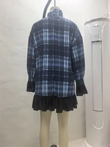 Blue black plaid long sleeve dress with black ruffled hem for womens spring wear