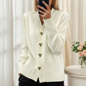 Cardigan de Mujer Cuello V Manga Larga de Punto Suéter con Botones de Corazón Dorado Liso