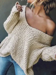 Chic casual off-shoulder chunky knit sweater for women, cozy V-neck long sleeve top.