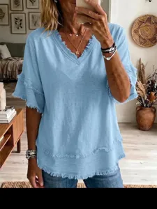 Casual light blue V-neck short sleeve top with fringe trim loose summer women shirt.