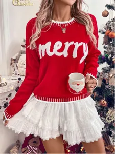 Christmas red knit sweater women long sleeve merry pullover fashion winter topwear