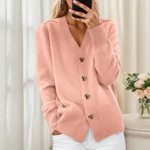 Cárdigan de punto rosa con cuello en V para mujer, suéter de manga larga y botones.