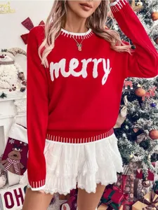 Christmas knit sweater for women, casual long sleeve pullover featuring merry design and fit.