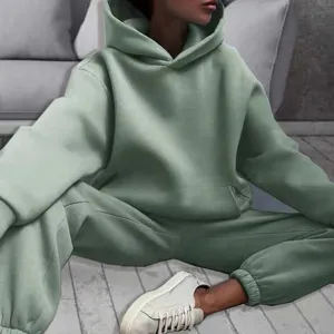 Women casual solid color thick hooded sweatshirt and sweatpants tracksuit set spring