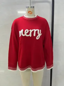 Red knit sweater detail, white merry lettering, ribbed collar and hem, casual long sleeve top.