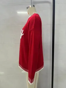 Red Christmas knit sweater for women, casual long sleeve loose pullover jumper top.
