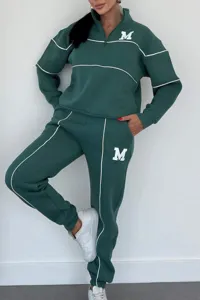 Women green quarter zip sweatshirt and long pants casual sports tracksuit set with letter print