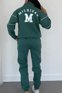 Detailed back view of the green letter printed casual long sleeve sweatshirt pants set.